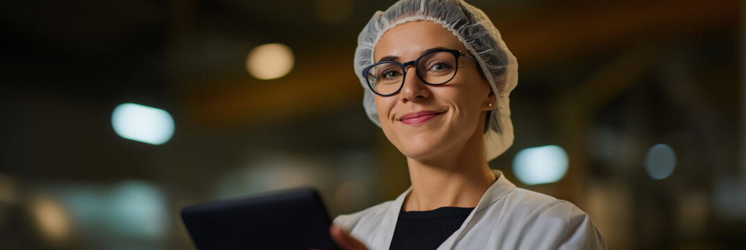 A confident female scientist wearing glasses and a lab coat holds a tablet while smiling, showcasing her dedication and professionalism in a laboratory setting focused on research.