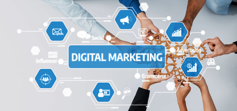 Diverse hands gather around a gear symbolizing collaboration in digital marketing. The image highlights key areas like e-commerce, advertising, and social media for effective strategies. Amity