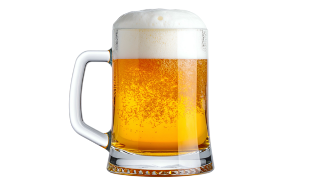 Clear glass mug filled with golden lager, topped with a thick, frothy, white head