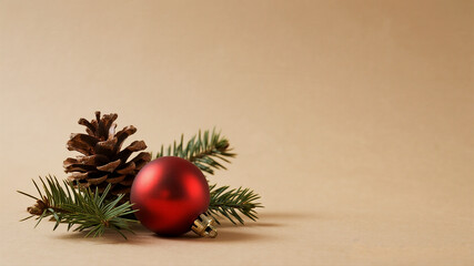 A technically perfect print-quality flat lay shows minimalist festive decor on a clean warm neutral background with ample copy space