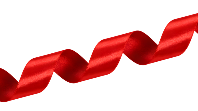 A vibrant red satin ribbon curls and twists in a dynamic serpentine shape isolated on transparent background
