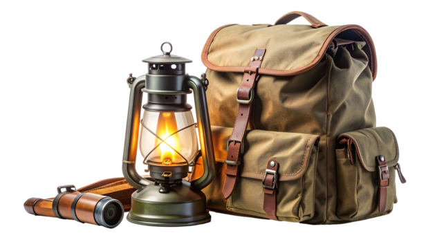 A lantern, binoculars, and backpack suggest preparation for exploration on a dark background