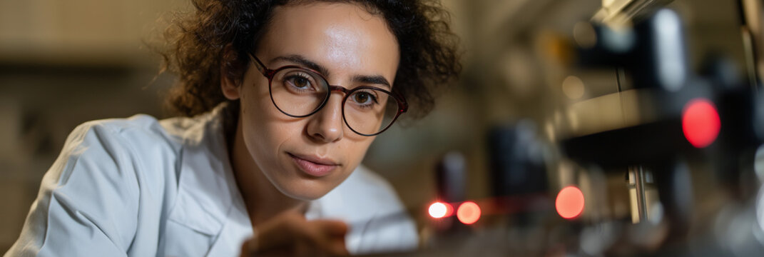 A focused scientist inspects advanced laboratory equipment with curiosity, embodying the spirit of discovery and innovation in the scientific research process.
