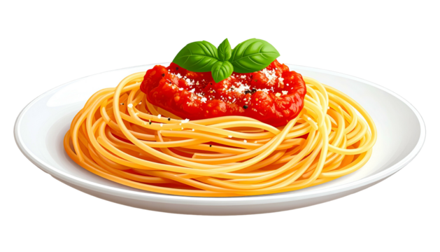 Realistic illustration of spaghetti topped with red sauce, cheese, and basil on a white plate