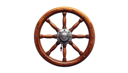 A highly detailed wooden ship's steering wheel with a metal center against a black background