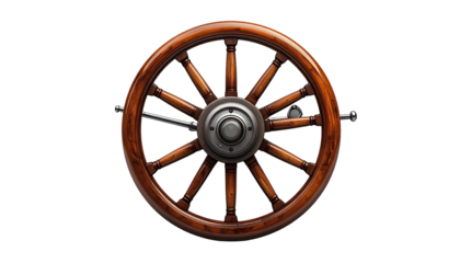 A detailed, isolated view of a wooden ship's wheel with metal central hub on black