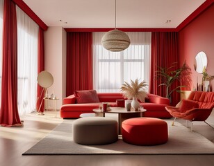 modern living room in red and beige showcasing minimalist decor with a cozy vibe and vibrant accessories for stylish comfort