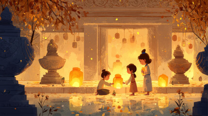 Children lighting lanterns in temple courtyard at night, heartwarming Mahayana New Year illustration celebrating peace, compassion, mindfulness, and the beauty of shared spiritual tradition