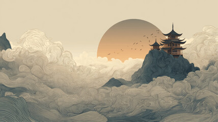 Elegant temple on misty mountain at sunrise surrounded by swirling clouds, peaceful vector illustration celebrating Mahayana New Year, mindfulness, spirituality, and enlightenment.