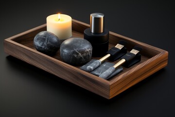Dark Grey Marble Top with Bamboo Tray of Black Soaps and Brushes