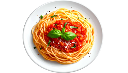 Overhead view of a white plate with spaghetti, red sauce, basil garnish, and pepper
