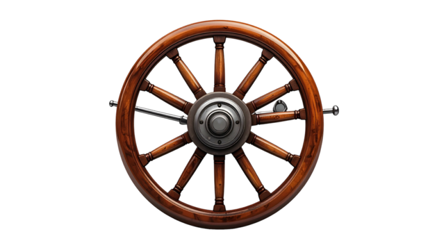 A detailed, isolated view of a wooden ship's wheel with metal central hub on black