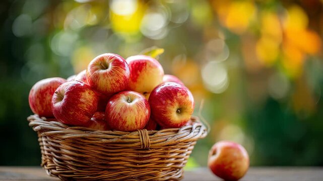 A rustic basket filled with ripe red apples sits on a wooden surface, surrounded by a warm, bokeh filled backdrop. The scene evokes the essence of harvest season and organic produce
