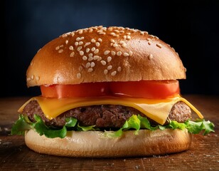 single cheeseburger with sesame seed bun and tomato slices