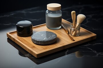 Dark Grey Marble Top with Bamboo Tray of Black Soaps and Brushes