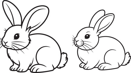 Two adorable hand drawn outline illustrations of fluffy rabbits sitting side by side on a white background perfect for easter or spring designs