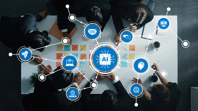 A dynamic group of diverse professionals collaborating on artificial intelligence concepts in a modern workspace, showcasing innovation and strategic brainstorming. Amity - Powered by Adobe