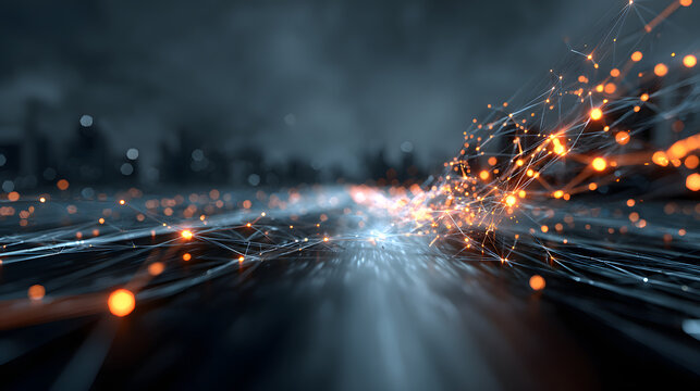 Abstract visualization of rapid data flow and automated manufacturing operations in futuristic industrial setting