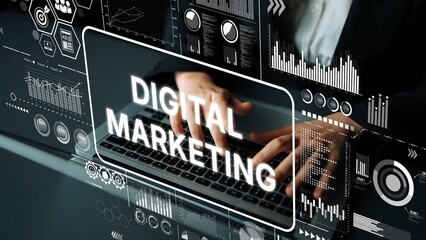 Hands Typing on Laptop with Overlay of Digital Marketing Technology Graphics and Data Visualizations. Asymptotic smart data analytic.