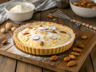 Sweet almond pie on a wooden table.