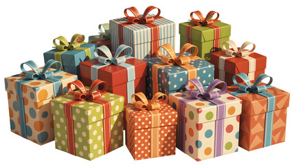 A large collection of colorful wrapped gift boxes with ribbons and bows stacked together isolated on transparent background