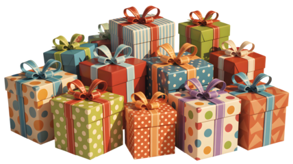 A large collection of colorful wrapped gift boxes with ribbons and bows stacked together isolated on transparent background