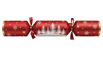 Festive red christmas cracker with snowy pine trees and snowflakes isolated on transparent background