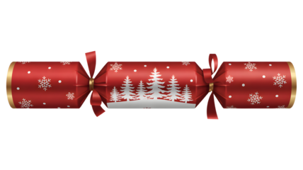Festive red christmas cracker with snowy pine trees and snowflakes isolated on transparent background