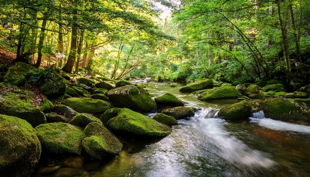tranquil forest stream mossy rocks leafy canopy