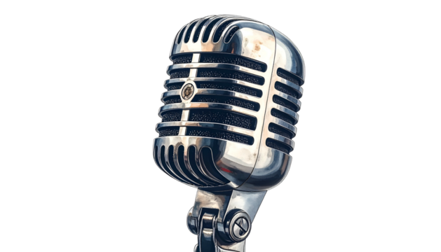 Close-up of a vintage chrome microphone, isolated on a black background