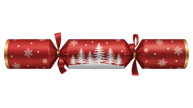 Festive red christmas cracker with snowy pine trees and snowflakes isolated on transparent background