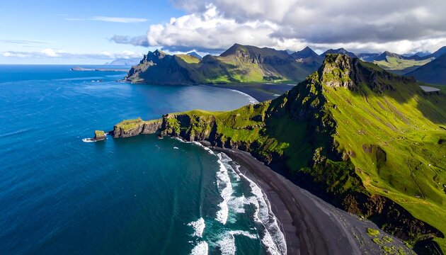 Dramatic Icelandic Coastline - Black Sand Beach and Green Cliffs.