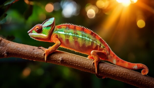a vibrant chameleon perches gracefully on a branch basking in the warm glow of sunlight showcasing its remarkable adaptability