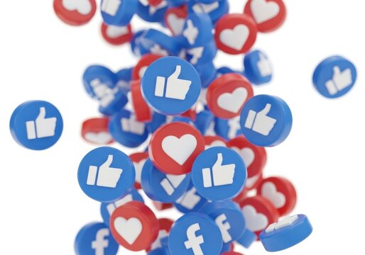 Social media likes and hearts falling isolated on white background