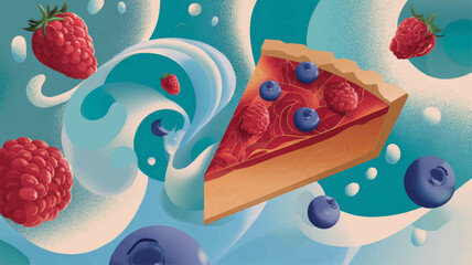 Colorful abstract vector of berry pie slice floating among raspberries and blueberries on bright blue background, vibrant modern design celebrating National Pie Day with artistic energy and flavor.