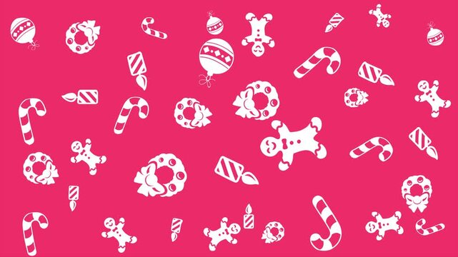 4k animated of seamless christmas pattern featured solid white solid icon of gingerbread, wreath, candy stick and other. Looping animation for winter holiday background or video presentation. 