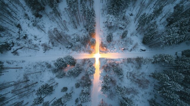 An aerial view showcases a winter forest crossroad blanketed in snow, dramatically illuminated by a warm, glowing light at twilight.