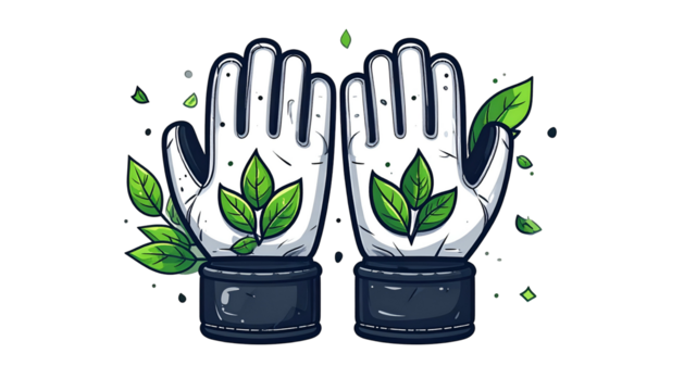 Stylized illustration of work gloves adorned with green leaves, set against a black backdrop