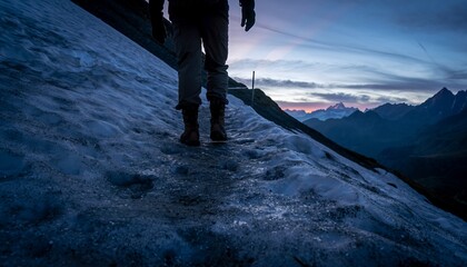 Obraz premium Hiker Walking on Icy Mountain Trail During Sunset with Mountain Range in Background