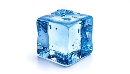Single Ice Cube with Water Droplets on White Background.