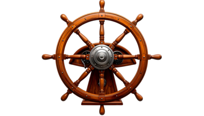 Detailed illustration of a wooden ship's wheel with a metallic hub and dark background