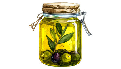Watercolor illustration of olives marinating in oil inside a glass jar with a sealed lid