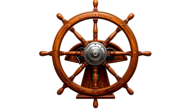 Detailed illustration of a wooden ship's wheel with a metallic hub and dark background