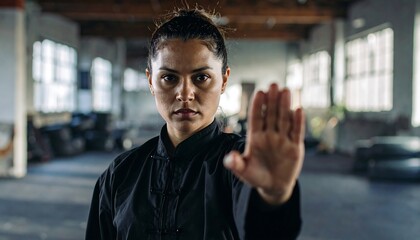 Determined woman in dark clothing holding up hand in stop gesture.