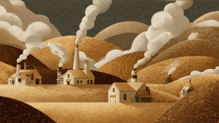 Charming countryside bakery scene with smoke chimneys among golden hills, warm nostalgic vector landscape honoring National Pie Day and the heritage of traditional handmade baking.