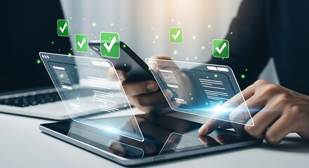 Modern business technology concept showing digital workflow and successful task completion with holographic interface