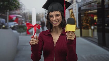 Woman holding diploma scroll and microphone while smiling on busy city street; pride achievement success.