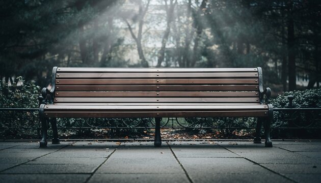 Empty Park Bench in Serene Outdoor Setting with Soft Light and Natural Colors