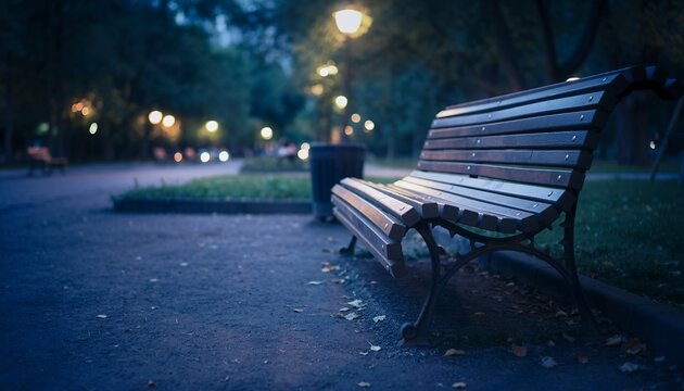 Empty Wooden Park Bench at Night in Calm Quiet Park with Soft Lighting