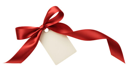 Elegant red satin ribbon tied in a bow with a blank white gift tag isolated on transparent background